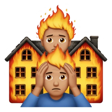 sad man standing with a house on fire behind him, man holding his head in despair, apple style emoji sticker