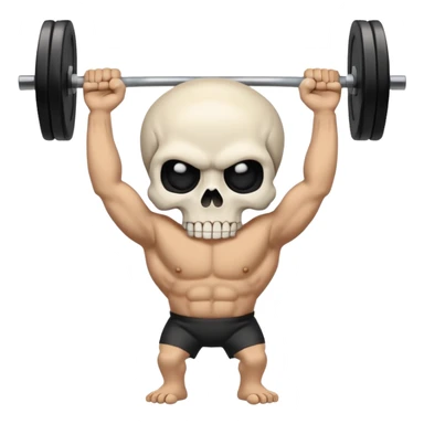 cartoon-style emoji of a white skull with black eye sockets, holding a heavy barbell with its hands, large weights on each side, confident and intense expression, clean lines, bold colors, simple or transparent background, stylized like an emoji sticker