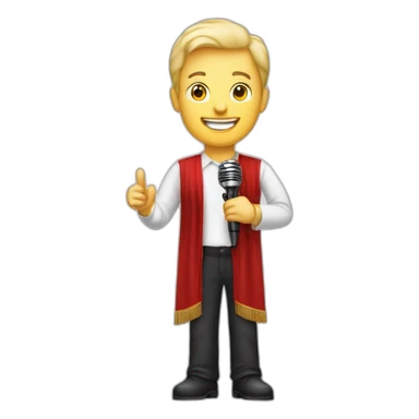 white light skin man person standing in a theater with red curtains standing on elevated stage holding a microphone smiling with light hair sticker