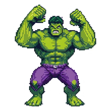 Hulk smashing with powerful fists, green superhero breaking ground, action pose, angry expression, retro video game style sticker