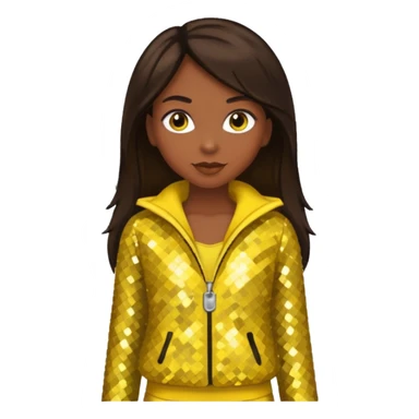 Sasha from Bratz with medium dark skin, long dark brown hair and yellow sequin outfit sticker