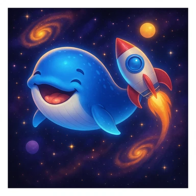 Add a whimsical rocket ship to the glowing happiest whale in space, keeping the cosmic background. The style should be cosmic and glowing as in the reference image. sticker