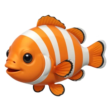 Full body of a clownfish with bright orange and white striped body, small fins, rounded tail, big black eyes, smiling expression, cartoon style, floating in water, front-facing sticker