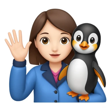 Girl waving hello while holding a penguin sticker
