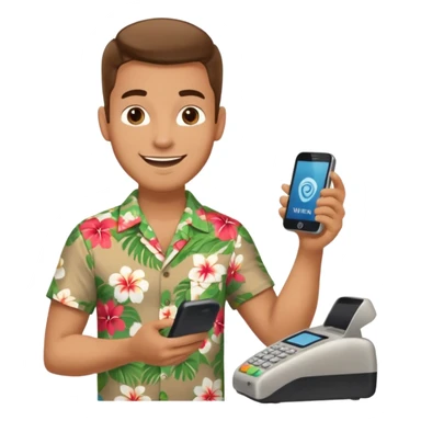 Draw a male tourist who pointed his phone to scan a QR code at a POS terminal. In the style of an Apple emoji sticker
