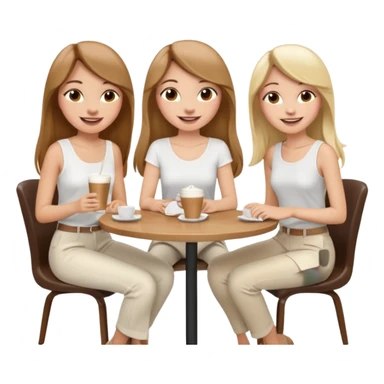 "Cartoon emoji of a girl with long, straight light brown hair, fair skin, brown eyes. Wearing a stylish white top and chic pants. Sitting at a café table, laughing and smiling, full of joy. Next to her, two friends: one blonde, one with black hair, one with brown hair. Smooth, simple, stylized sticker