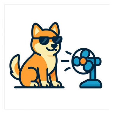 minimalist vector style logo of a cool Shiba Inu dog sitting near a small fan warm cheerful colors friendly safe expression no text no background elements tech friendly vehicle UI sticker