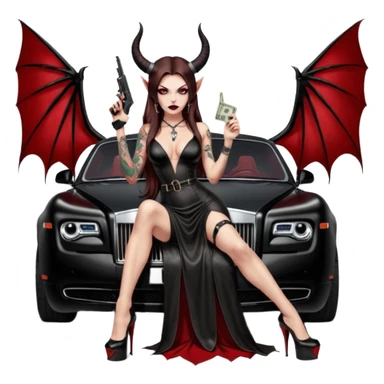 Lilith model red eye sexy black  devil horns.  long brown haired sexy succubus woman with leather long dress slit, sitting on rolls Royce. Wearing Black Platform high heels on feet. Tattoo sleeve arms, she has stacks of cash and a man dead human skull is on top of stack of cash and a gun in  hand sticker