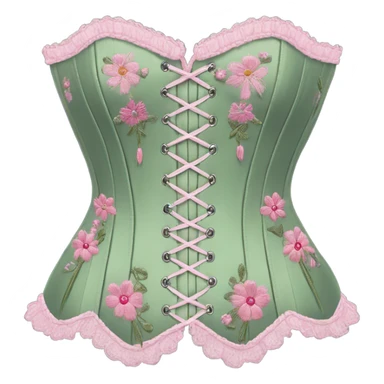 Sage green corset with flower embroidery and pink bows, isolated sticker