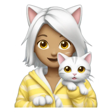 cat girl with white hair and yellow eyes in pajamas waving sticker