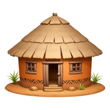 African mud hut tribal house, round adobe clay house, thatched roof, warm sunlight, colorful tribal patterns, cute mobile game icon, 3D cartoon, high detail, clean background sticker