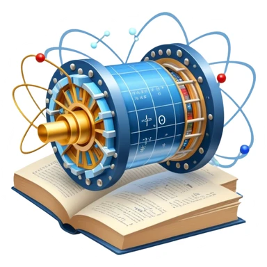An icon featuring a physics textbook, a large Hadron Collider with particles flying off, symbolizing the study of physics. The design includes atomic models, energy waves, and scientific formulas, representing fundamental physical principles and research. Transparent background. sticker