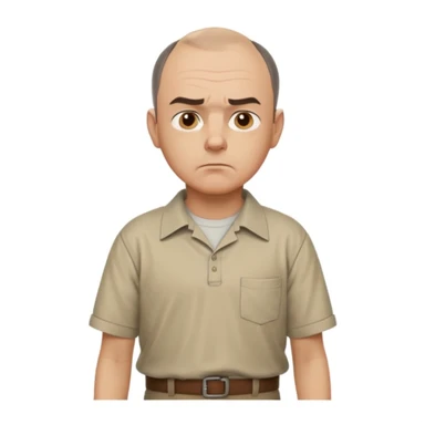 Carl from Sling Blade, serious expression, recognizable features, neutral background, full body, chin sticking out, slouching posture, no glasses, shirt with collar,  side view sticker