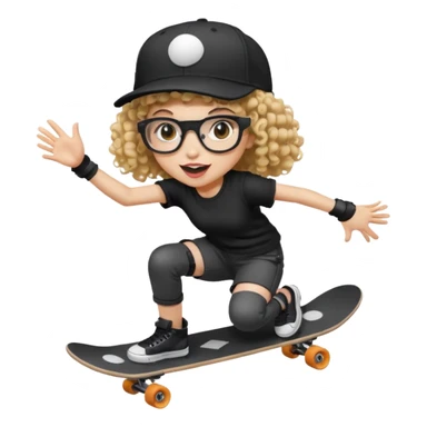 ["An excited girl with light skin, curly hair, wearing a baseball cap and square glasses, dressed in goth fashion, is skateboarding while holding a camera."] Pixal sticker