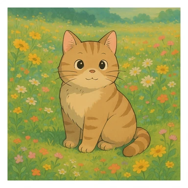 cute cat sitting in a field of flowers, ghibli style sticker