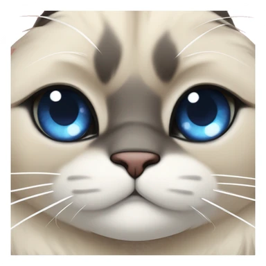 Long, chubby, cute, flat beige fur, blue round eyes, round pupils, Siamese and ragdoll mix cat, a grey face pattern, fur in his ears, wearing a red ribbon, a long slim tail, darker paws sticker