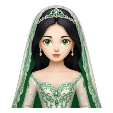 Hyper Realistic ornate ballgown long sleeve Wedding dress with diamanté on Russian bride with green eyes and long black hair with veil hyper realistic  sticker