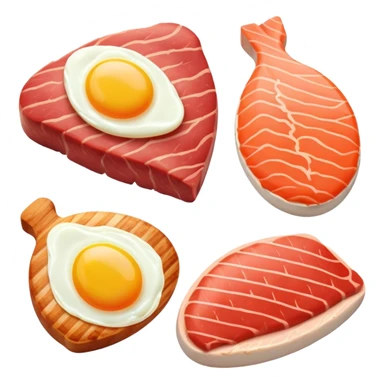 Four separate protein icons: a golden glowing chicken breast, a red meat steak, a smaller salmon fillet, and an egg, each with a subtle DNA strand behind it and muscle fiber pattern around the edges sticker