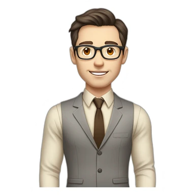 Pale skinned fit man with dark brown hair in gray jacket, beige office shirt, brown tie, brown pants and vintage glasses Writing on the marker board sticker