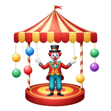 Icon for Circus Arts: a circus tent with a performer juggling colorful balls, a unicyclist, and a clown. The icon should convey the excitement and fun of circus performances, with emphasis on skill, acrobatics, and entertainment. Transparent background. sticker