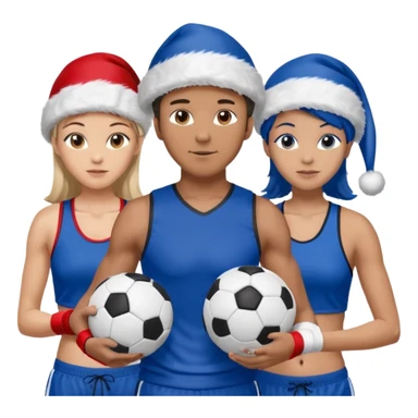crie a imagem de 3 atletas, um homem no meio e duas mulheres, de modalidades esportivas diferentes, usando elementos esportivos, como por exemplo bola de futebol, luvas de luta e bola de vôlei... e usando um chápeu de papai noel das cores verde e azul e roupas azul sticker