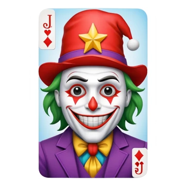 1 poker card, squared, with crazy colorful human jolly joker inside, star symbol with a "J" sticker