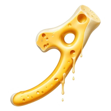 Shredded cheese emitting ethereal golden glow toward a femur bone that shows a healing process with bright golden spots. A luminous K2 vitamin symbol floats nearby, directing the healing energy from the cheese to the specific healing points on the bone. sticker