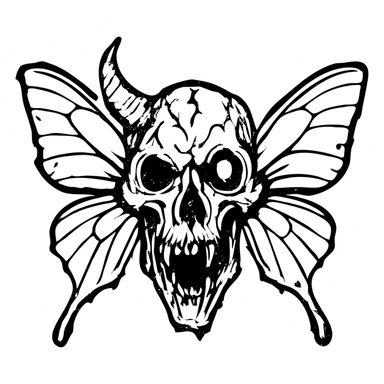 detailed red line art of nightmarish minotaur-stoat hybrid skull with broken horn and glowing eye, with moth wings, featuring mostly empty transparent center with detailed elements concentrated around the edges, heavily weathered perimeter with deliberate damage, hollow middle, twisted features, 100% red sticker