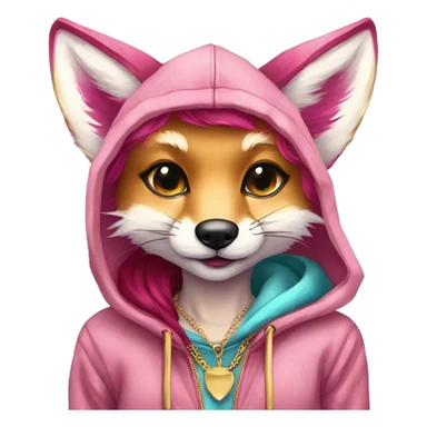 Pink magenta burgundy maroon cyan beige gray fox wearing a pink hoodie with gold jewellery gold piercings gold ear piercing gold nose piercing vintage watercolour tie dye black raven wings sticker