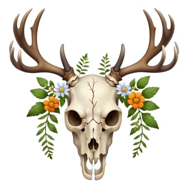 Deer skull with antlers and herbs and small flowers sticker