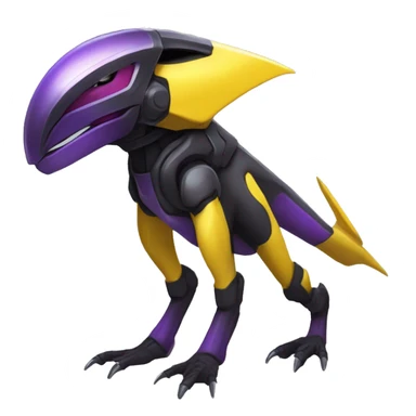 a shiny black-purple-yellow Genesect-Raptor-Fakémon—hybrid with a futuristic visor-helmet full bod sticker