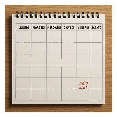 Hyperrealistic top-down view of a weekly calendar in Italian, showing days from Monday to Sunday. Only Saturday and Sunday have the text '3500 calorie' in red italic below, with no red circle on Friday. 4K details, desk atmosphere. sticker