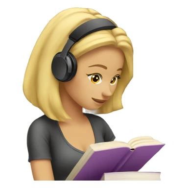 Blonde woman with headphones Studying in library looking at book  sticker