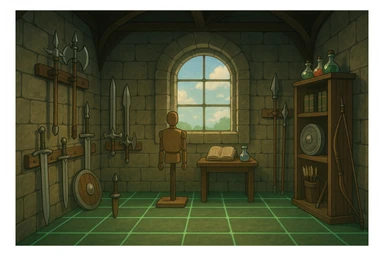 A virtual simulated training environment for combat drills, configured with swords, daggers, axes, maces, halberds, bow and arrows, and shields, as well as spell books and potions  sticker