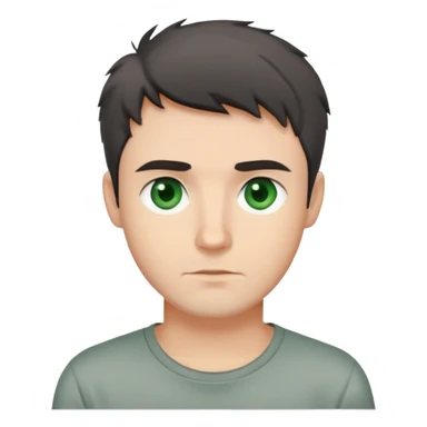 man with dark messy short hair, dark green eyes, wearing a gray t-shirt sticker