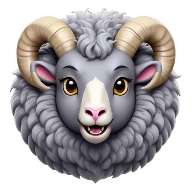 Cinematic Comical Ram Portrait Emoji, Head tilted dramatically with an exaggeratedly amused expression, featuring a striking woolly grey fur with impressively curled horns, wide, expressive dark eyes filled with playful disbelief, Simplified yet hilariously expressive features, highly detailed, glowing with a slightly sassy glow, high shine, dramatic yet playful, stylized with an air of cheeky mischief, bright and endearing, soft glowing outline, capturing the essence of a spirited and over-the-top ram, so meme-worthy it feels like it could butt its way into internet fame instantly! sticker