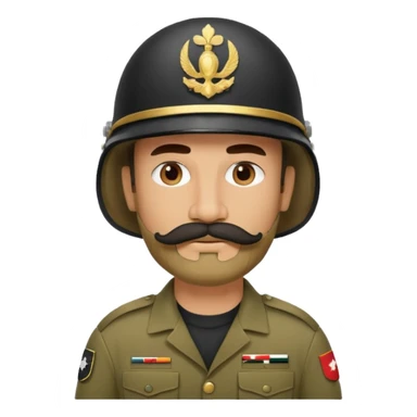 tired Iraqi military, in a helmet, with a moustache and beard sticker