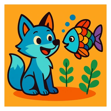 a cute blue fox and a rainbow fish as friends, playful and friendly, vibrant colors, cartoon style sticker