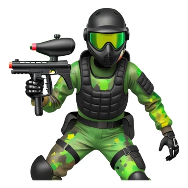 A dynamic scene of a player in action, holding a paintball gun and wearing protective gear. The background shows a vibrant paintball field with obstacles, colorful splatters of paint in the air, and an intense, competitive atmosphere. sticker