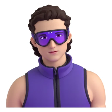 close-up of male athlete with white skin and moderately curly dark brown hair on top with shaved sides, wearing ski goggles with purple frames and very dark black lenses, a simple plain black chain necklace, and a completely unzipped sleeveless vest with purple and black sequin fire pattern design with no logo, with an arrogant smug smirk on his face, looking confident and cocky sticker