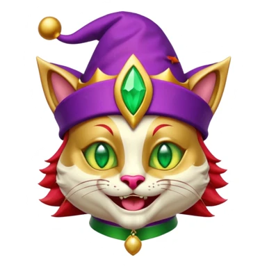 crazy colorful cute little cat jolly joker from poker, medieval, vintage, court jester, mac os icon, purple, gold and red color, half body, emerald green ice eyes, golden earrings. Squared shape as 3D mac os icon, symmetrical sticker
