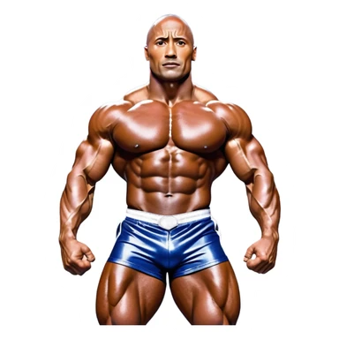 Dwayne Johnson, covered in oil, on stage at a Mr. Universe bodybuilding competition, striking a 'Side Triceps' pose. His defined muscles gleam under the bright lights, with the audience and judges in the background, capturing the intense focus and strength of the moment. Transparent background. sticker