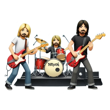 Icon for Rock Music: Nirvana performing on stage with Kurt Cobain on guitar and vocals, Krist Novoselic on bass, and Dave Grohl on drums. A grunge-inspired vibe with dynamic stage lighting and musical energy. Transparent background. sticker