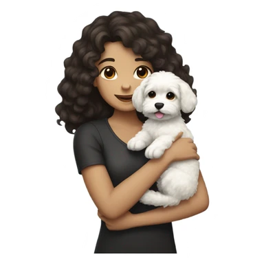 girl with wavy dark brown hair hugging a shi-poo puppy with black fur and white fur in the middle of his chest sticker