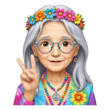 Elderly woman with long gray hair, peace sign necklace, colorful tie-dye clothing, round glasses, flower crown, hippie grandma sticker