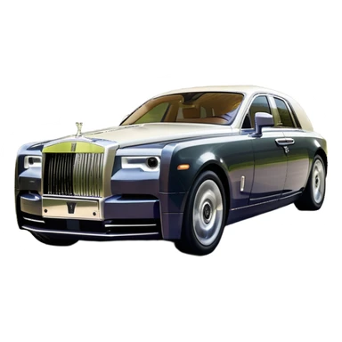 Rolls-Royce Phantom (2022) – cinematic-realistic Rolls-Royce Phantom emoji, its polished silver frame glistening under the sun as it glides down a winding, tree-lined road. The iconic Spirit of Ecstasy hood ornament stands proudly, the V12 engine hums silently  sticker
