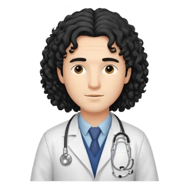 A young male slim doctor with long black curly hair hair which covered his forehead sticker