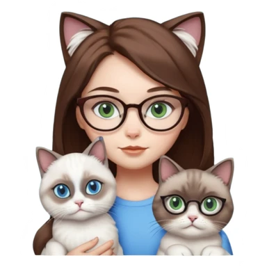 O data cu parul saten ,ochii griji-albastrii ,ochelari și codițe de pisica ..și langa o pisicuță alba pufoasa ,cu ochii verzi și o a doua pisica siameza pufoasa cu capul maro -negru și coada ,restul corpului un maro deschis spre alb  , ochii albaștrii  sticker