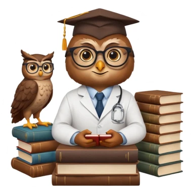 Wise owl with glasses, wearing a lab coat, perched on a stack of books. sticker