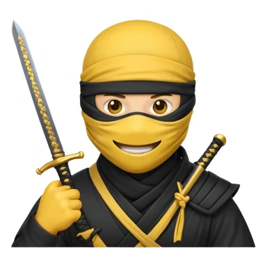 Make a customized yellow head emoji with hands and holding a sword in a ninja face mask sticker
